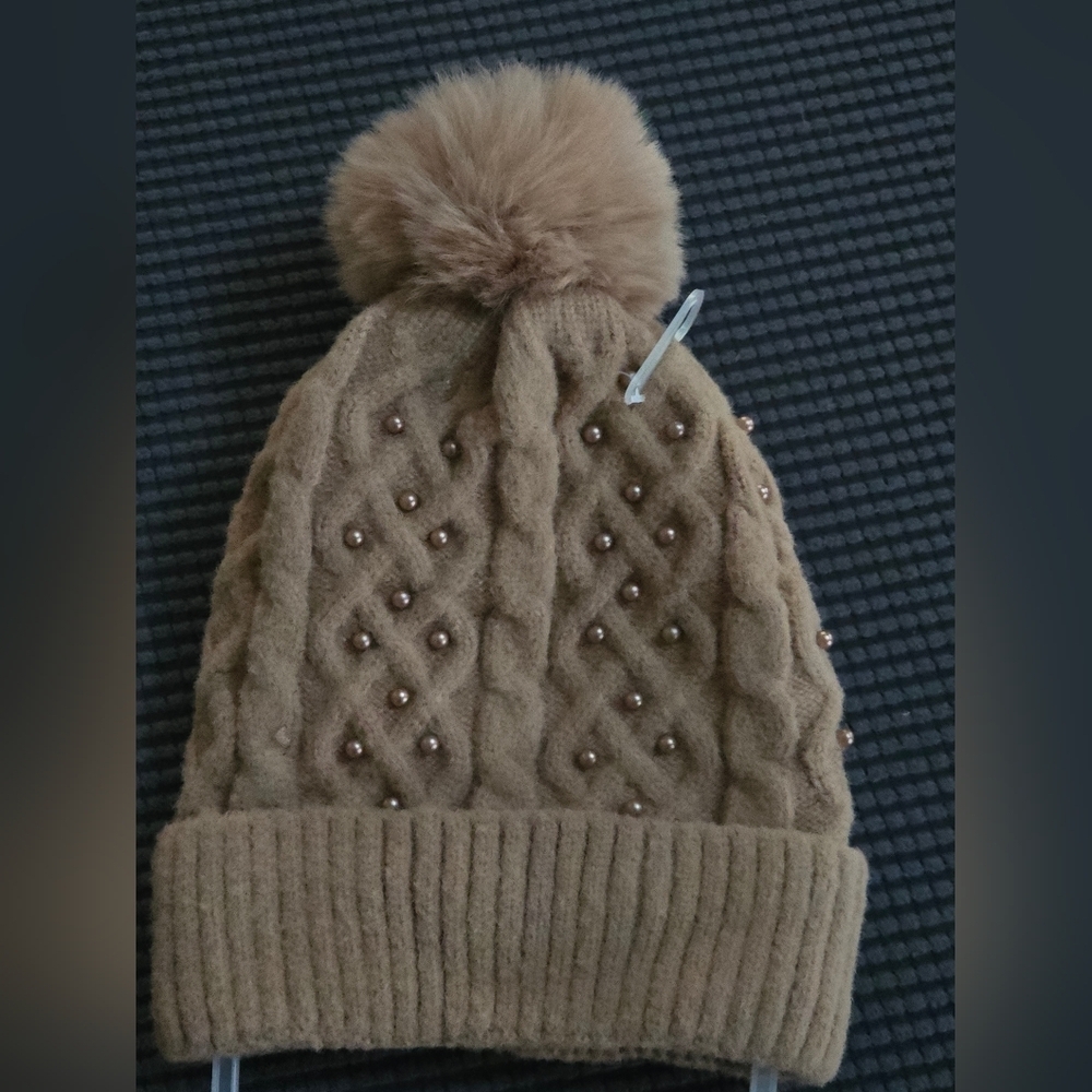 Brown Knit Beanie with Pom Pom